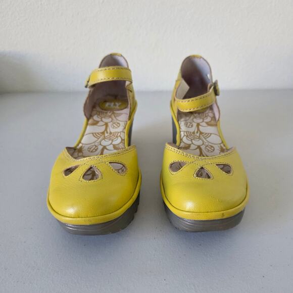 Fly London Yellow Leather Mary Jane Wedge Shoes Women Size 41 Comfort Cutout - Picture 4 of 15